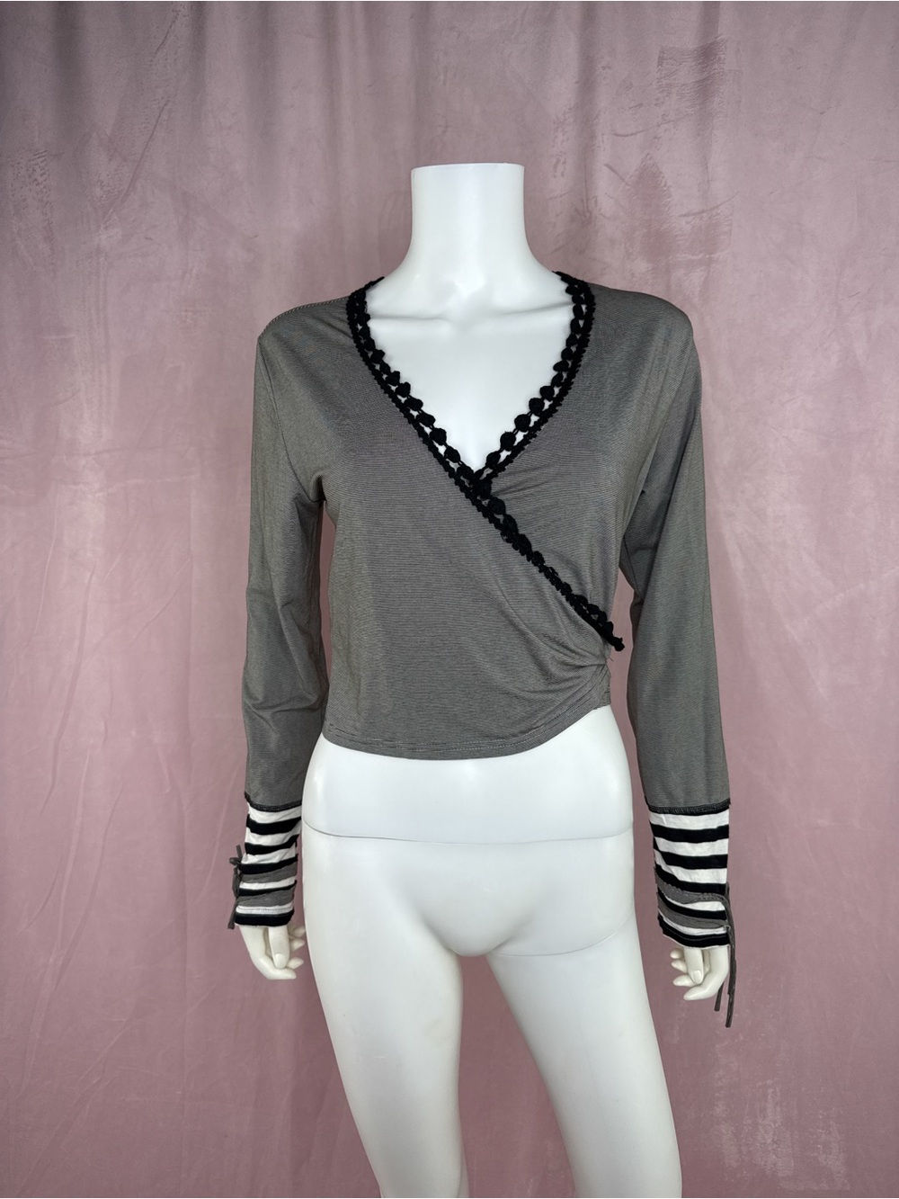 NWT COP COPINE City Womens Cotton Blend Black White Stripe Wrap Top Size XL